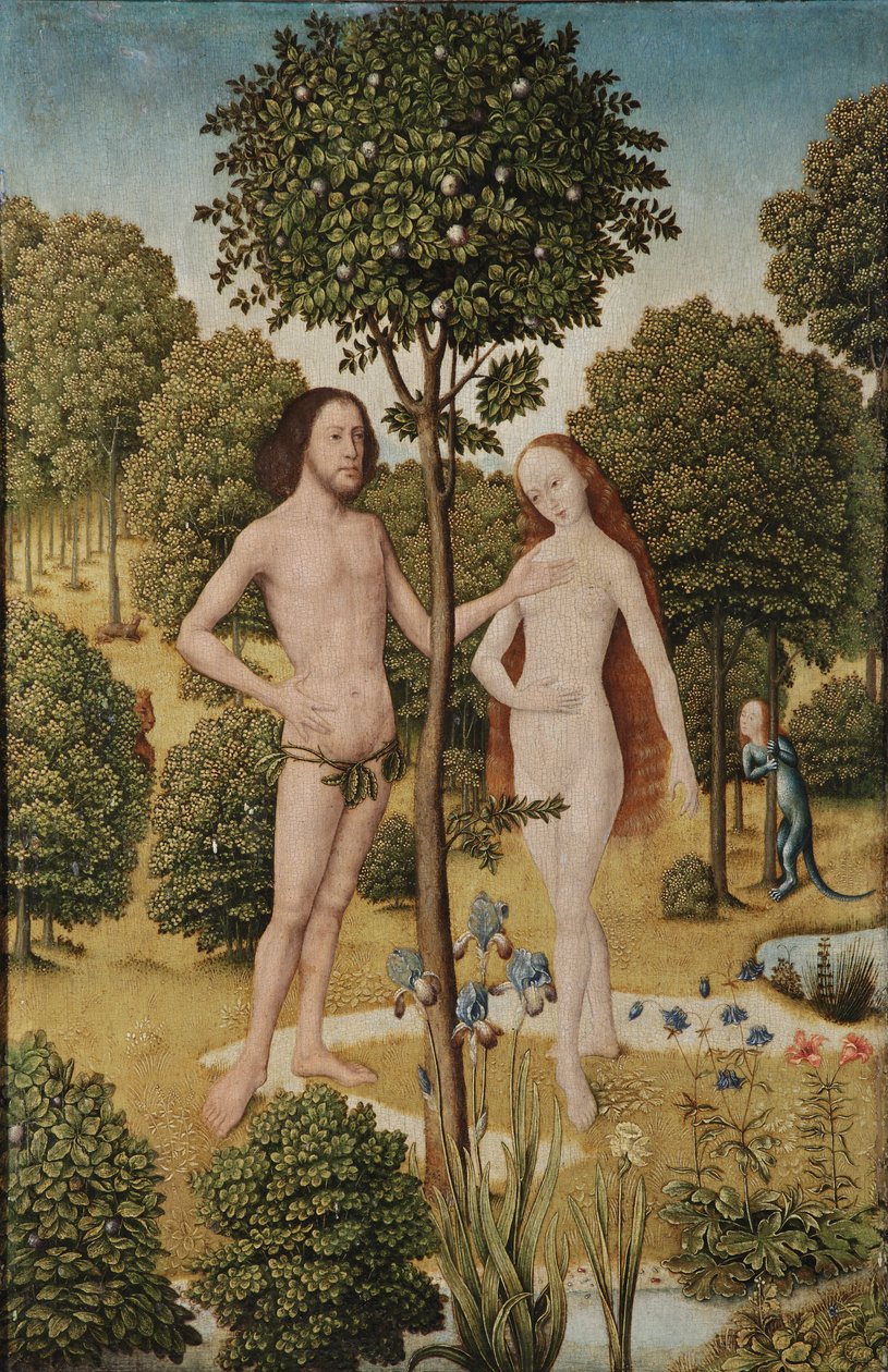 Adam i Ewa w Ogrodzie Eden (olej na panelu) autorstwa Master of the Embroidered Foliage