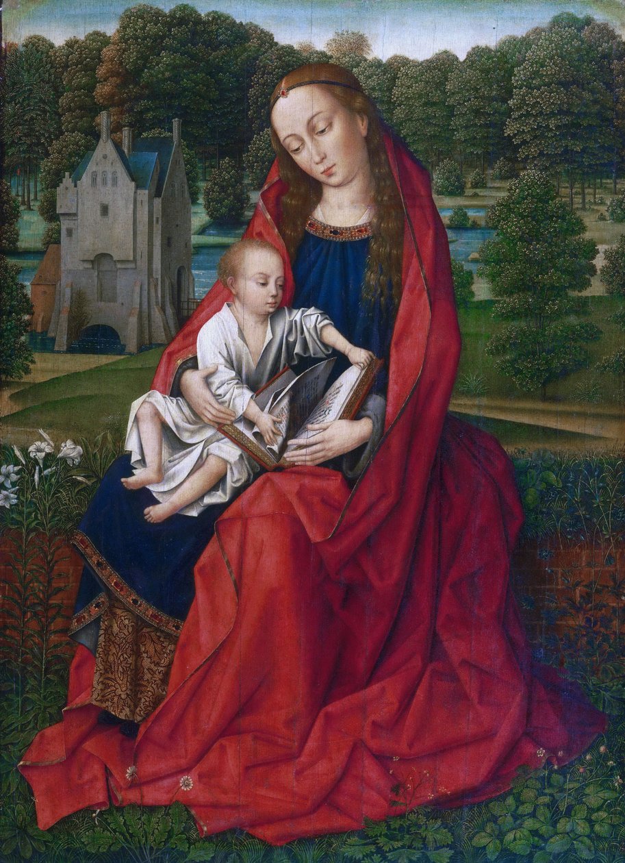 Niderlandzki: Maria spotkała miłą Dziewicę z Dzieciątkiem na tle krajobrazu autorstwa Master of the Embroidered Foliage