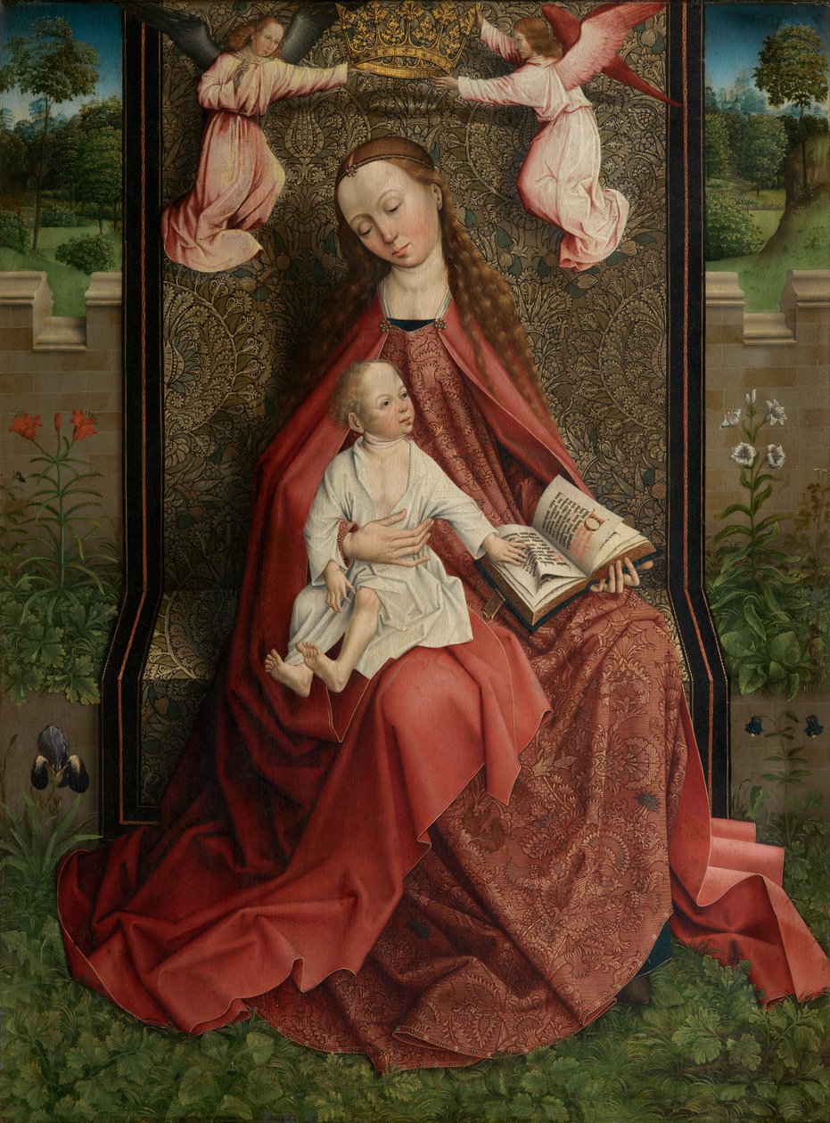 Madonna w koronie aniołów (olej na desce) autorstwa Master of the Embroidered Foliage