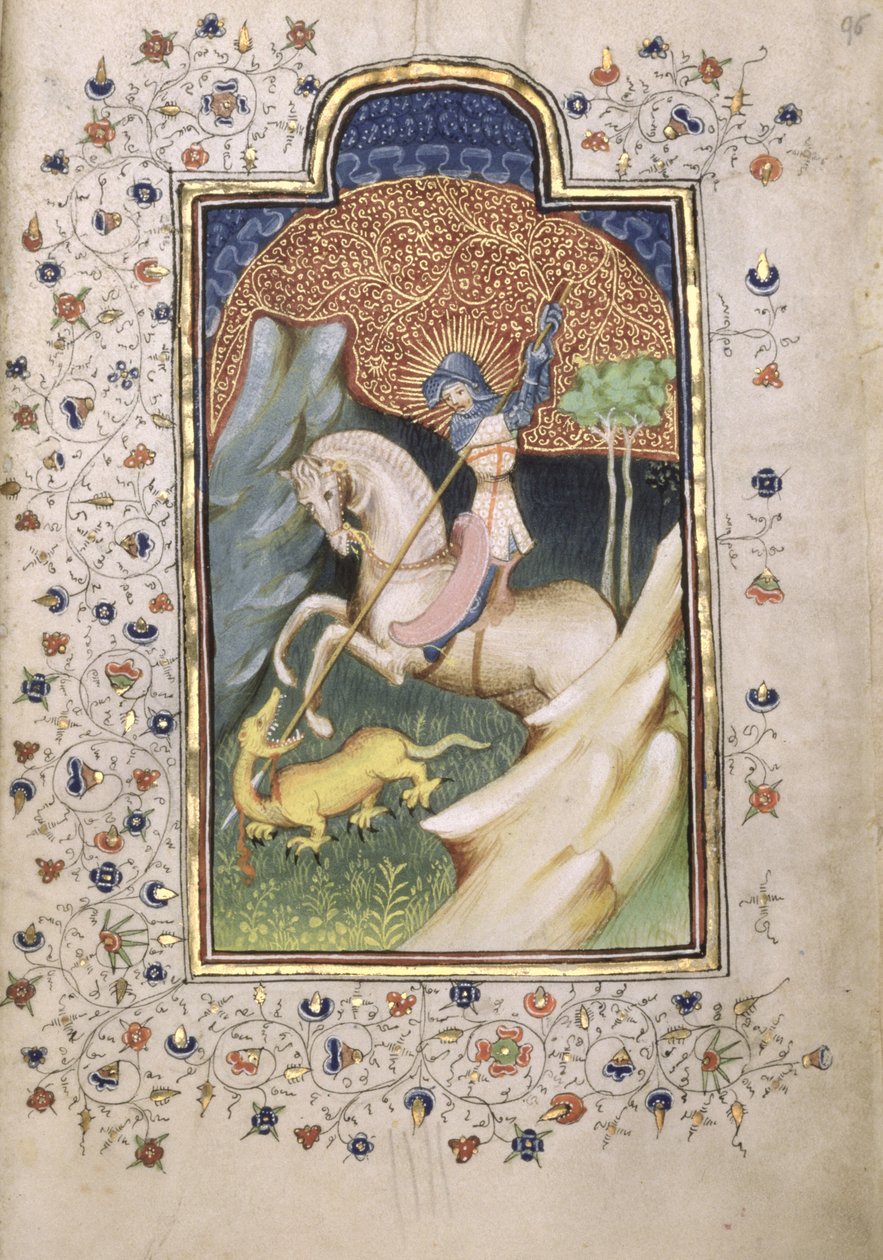 Św. Jerzy walczący ze smokiem, 1420-30 (tempera i złoto na pergaminie) autorstwa Master of the Embroidered Foliage