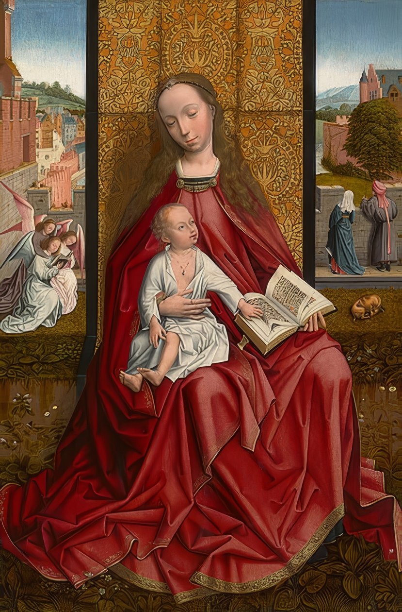 Maryja na tronie z dzieckiem. Około 1500 autorstwa Master of the Embroidered Foliage