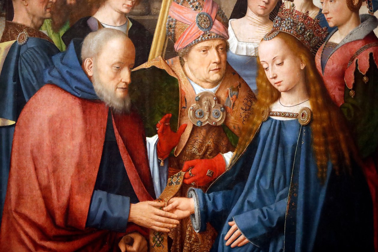 Muzeum Evory. Mistrz ołtarza Evora. Ślub Dziewicy i Józefa. Olej na desce. Szkoła flamandzka 1500. Portugalia. autorstwa Master of the Evora Altarpiece