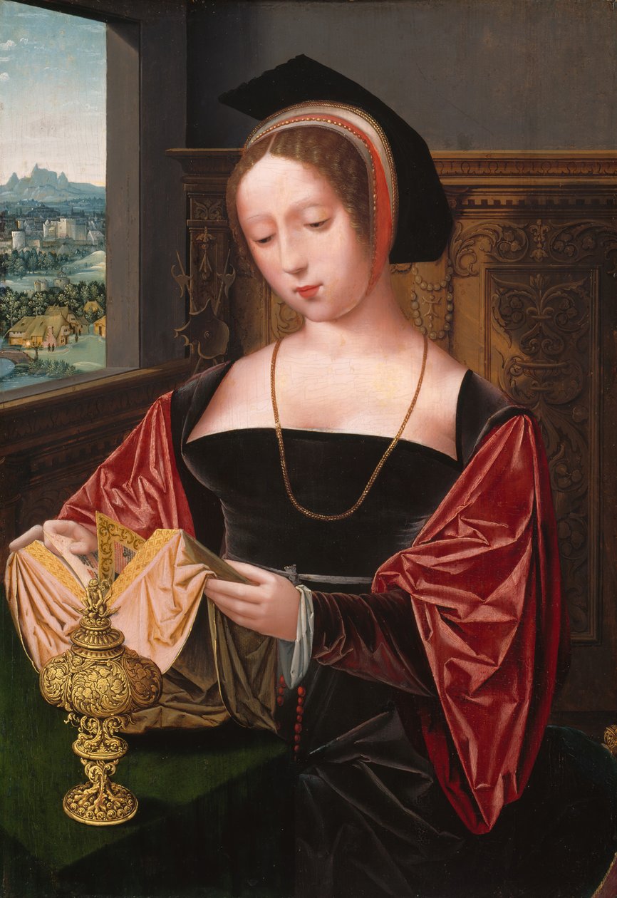Pani czytająca św. Marię Magdalenę, około 1530 r. autorstwa Master of the Female Half Lengths