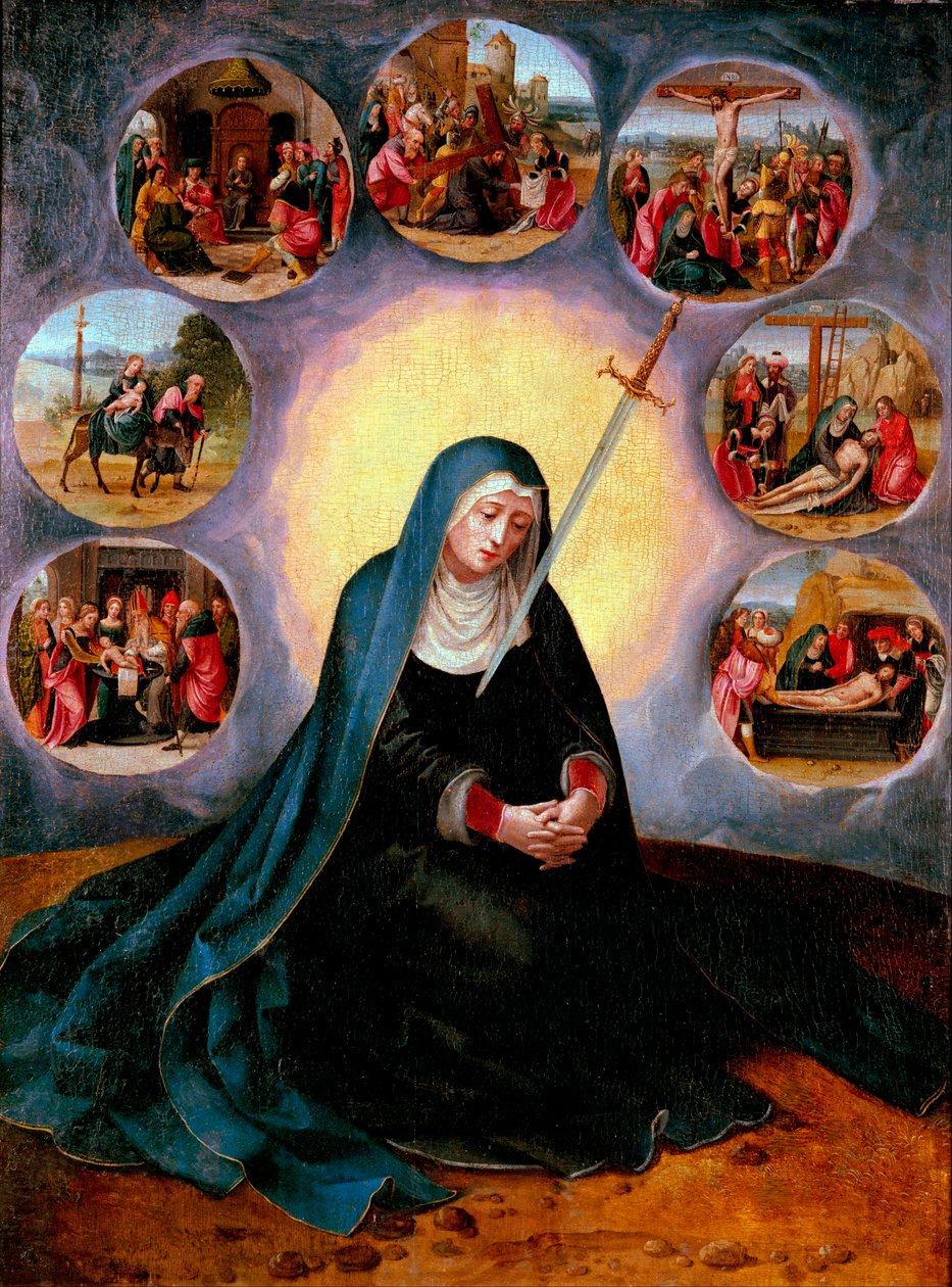 Matka Boża Siedmiu Bolesna - Dziewica Siedmiu Bolesnych - Obraz Mistrza Połowicznych Postaci Żeńskich (aktywny 1530-1560) XVI wiek - Olej na drewnie - 75x56,7 - Museu Nacional d