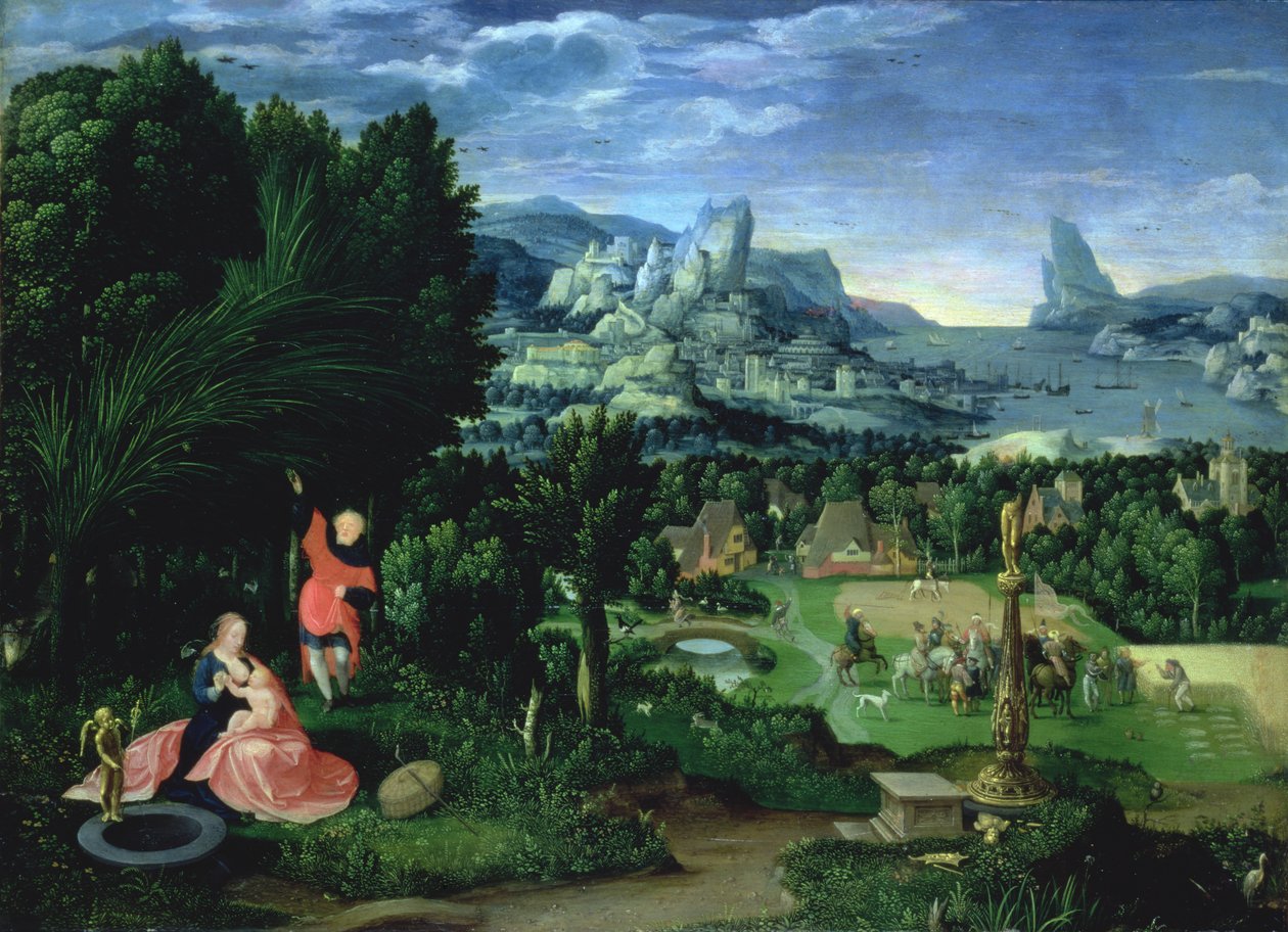 Odpoczynek w ucieczce do Egiptu, pejzaż namalowany przez Joachima Patinira (fl.1515-25) (panel) autorstwa Master of the Female Half Lengths