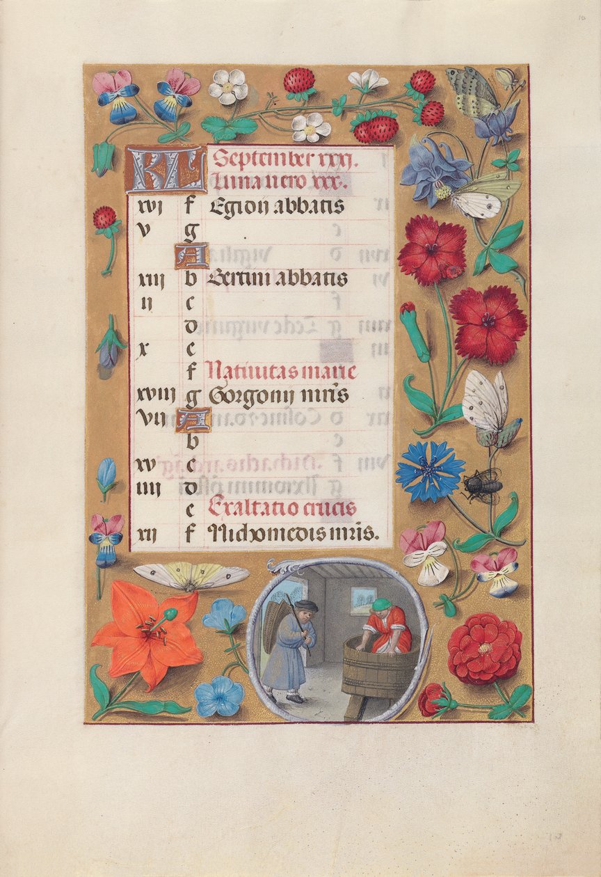 Godziny królowej Izabeli Katolickiej, królowej Hiszpanii: Fol. 10r, wrzesień, ok. godz. 1500. autorstwa Master of the First Prayerbook of Maximillian