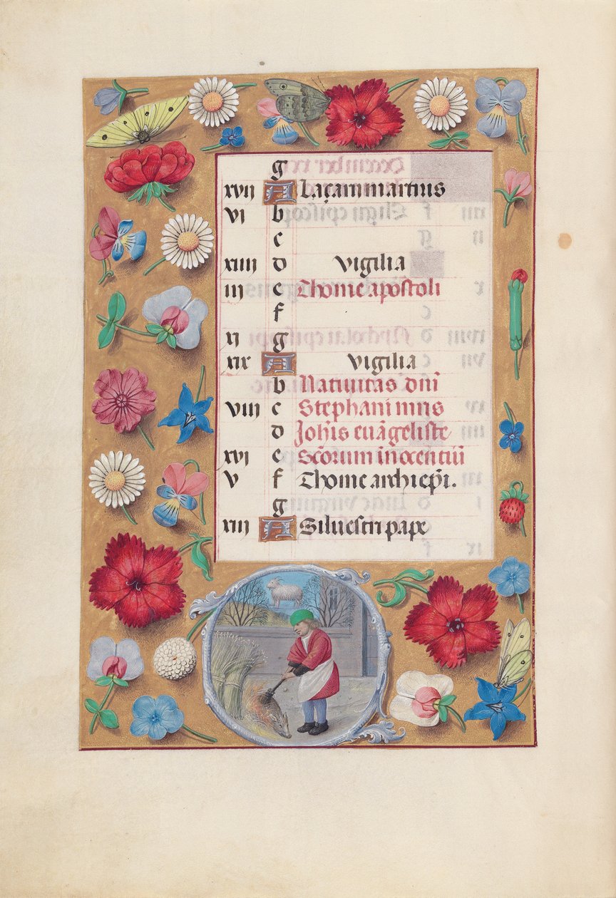 Godziny królowej Izabeli Katolickiej, królowej Hiszpanii: Fol. 13v, grudzień, ok. godz. 1500. autorstwa Master of the First Prayerbook of Maximillian