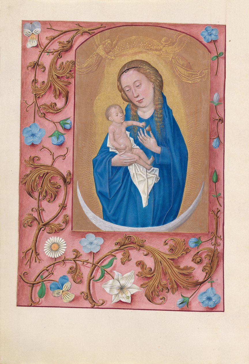 Godziny królowej Izabeli Katolickiej, królowej Hiszpanii: Fol. 159v, Kobieta odziana w słońce, ok. 1500. autorstwa Master of the First Prayerbook of Maximillian