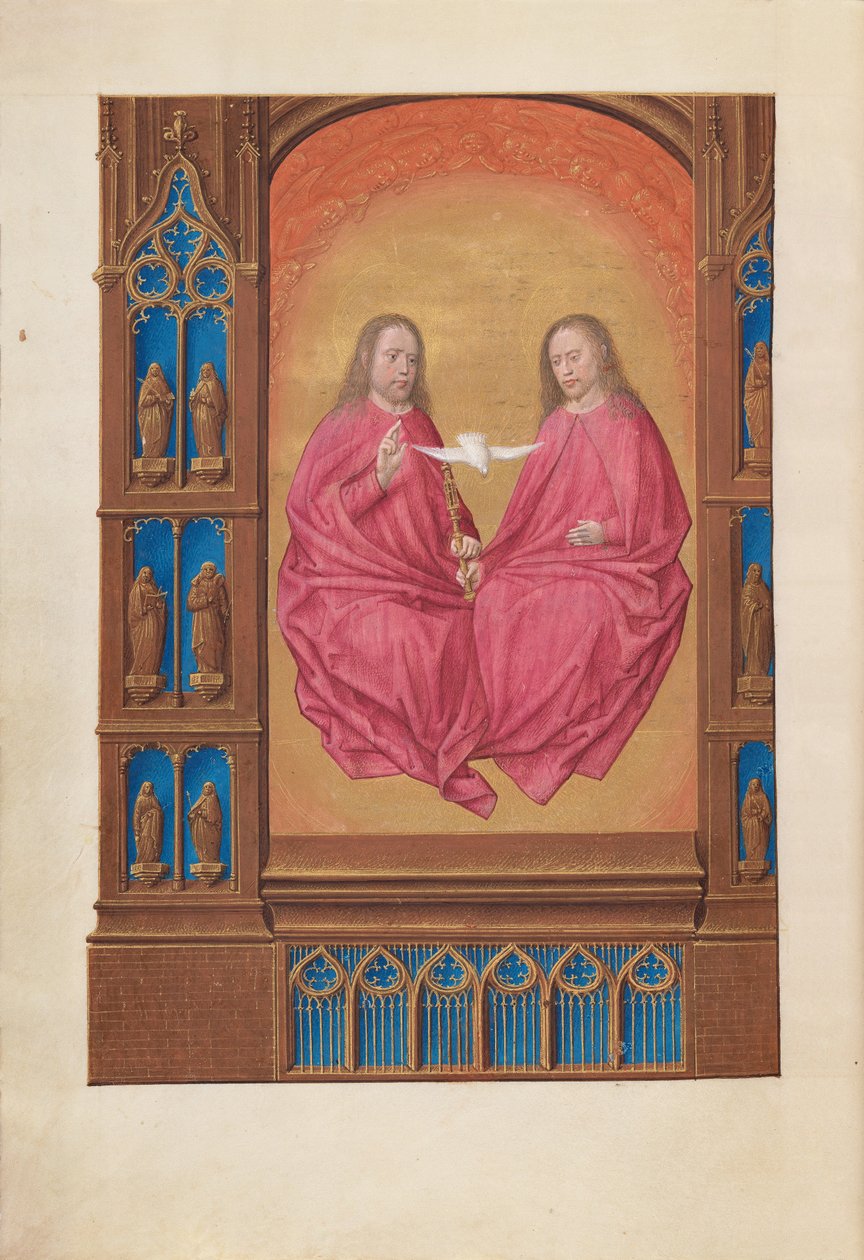 Godzinki królowej Izabeli Katolickiej, królowej Hiszpanii:  Fol. 17v, Trójca Święta autorstwa Master of the First Prayerbook of Maximillian