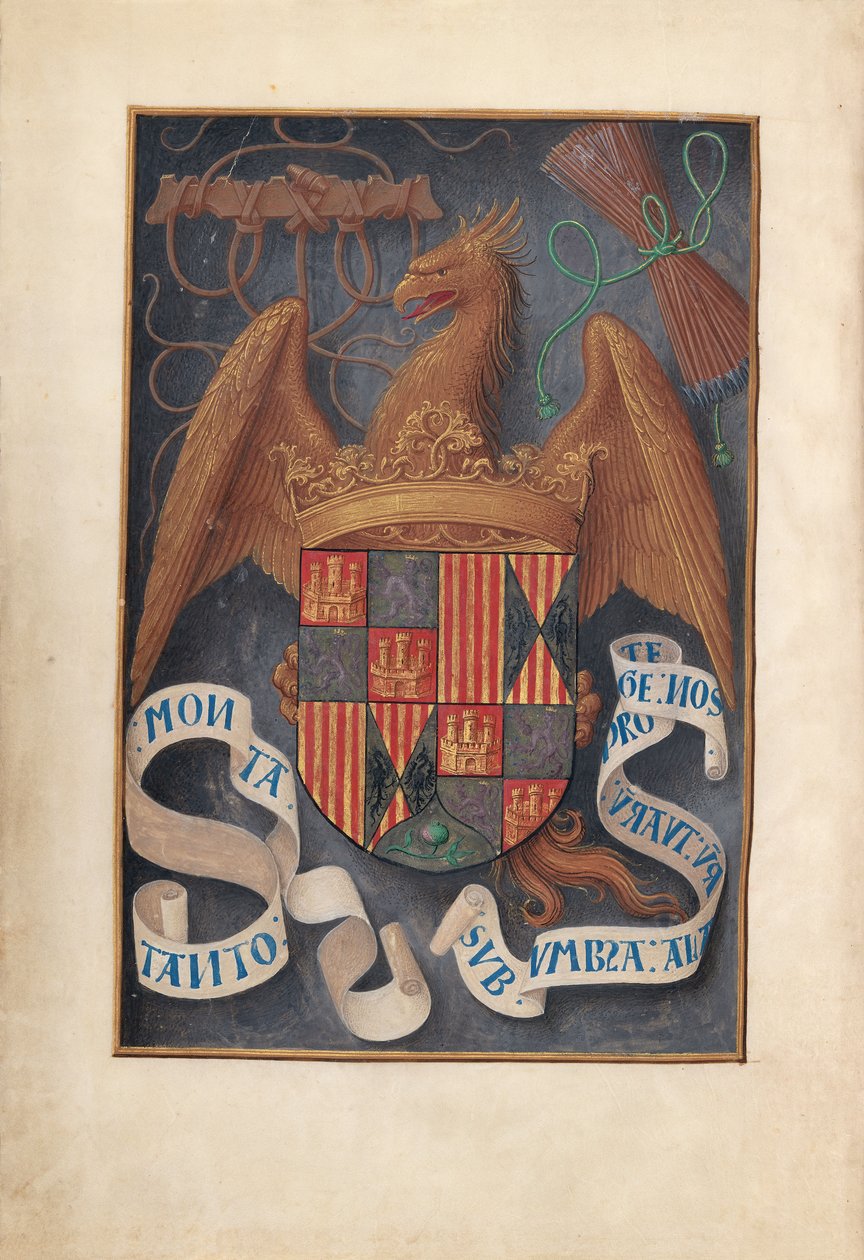 Godziny królowej Izabeli Katolickiej, królowej Hiszpanii: Fol. 1v, Broń i motta Isabel la Católica autorstwa Master of the First Prayerbook of Maximillian