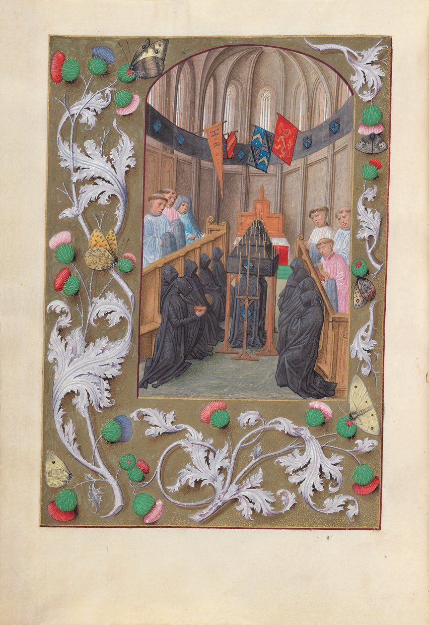 Godziny królowej Izabeli Katolickiej, królowej Hiszpanii: Fol. 219v, Nabożeństwo pogrzebowe, c. 1500. autorstwa Master of the First Prayerbook of Maximillian