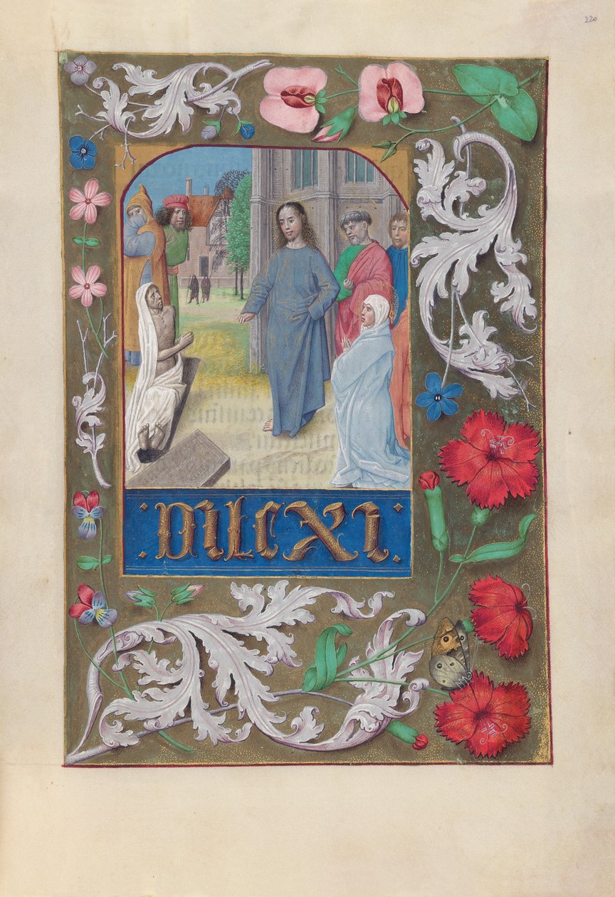 Godzinki królowej Izabeli Katolickiej, królowej Hiszpanii:  Fol. 220r, Wskrzeszenie Łazarza autorstwa Master of the First Prayerbook of Maximillian