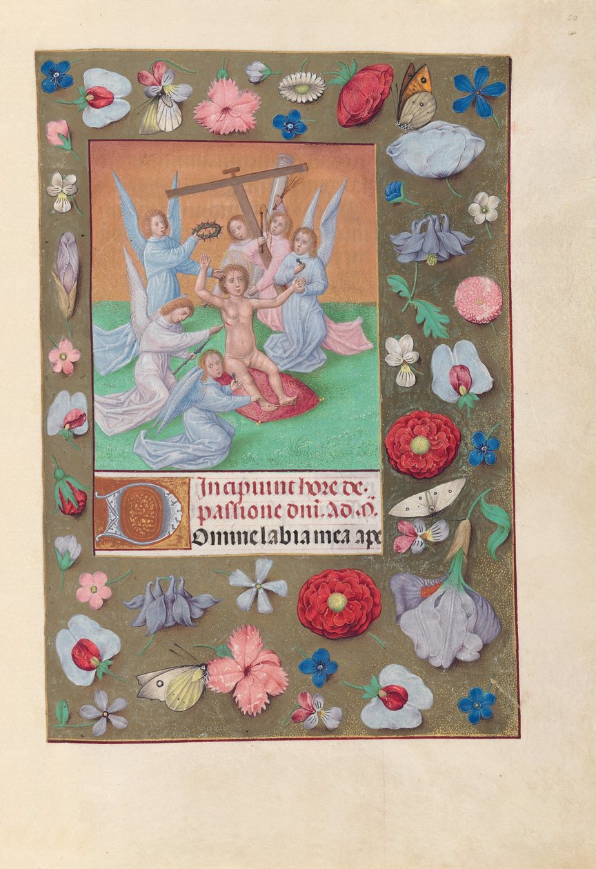 Godzinki królowej Izabeli Katolickiej, królowej Hiszpanii:  Fol. 50r, Dzieciątko Chrystus z narzędziami Męki Pańskiej autorstwa Master of the First Prayerbook of Maximillian