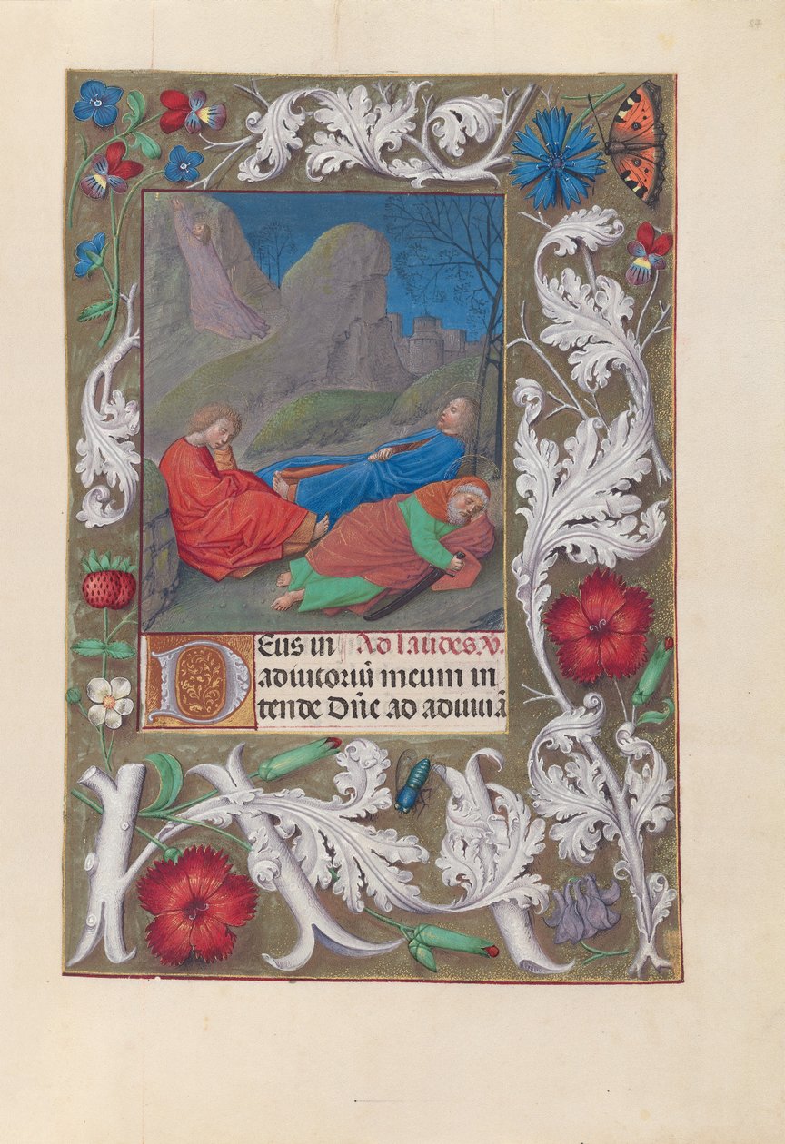Godzinki królowej Izabeli Katolickiej, królowej Hiszpanii:  Fol. 57r, Agonia w ogrodzie autorstwa Master of the First Prayerbook of Maximillian