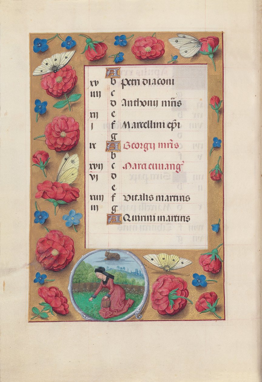 Godzinki królowej Izabeli Katolickiej, królowej Hiszpanii:  Fol. 5v, kwiecień autorstwa Master of the First Prayerbook of Maximillian