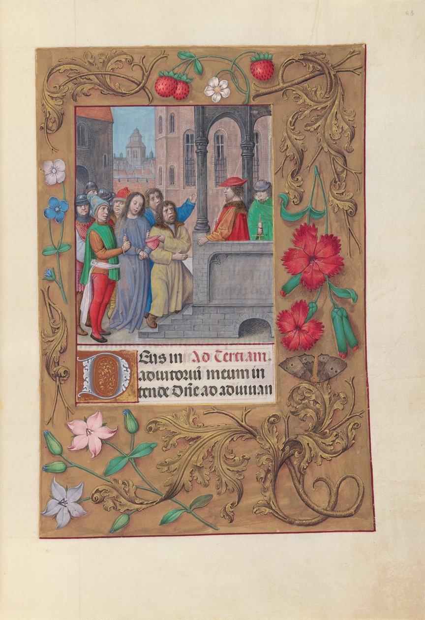 Godzinki królowej Izabeli Katolickiej, królowej Hiszpanii:  Fol. 63r, Chrystus przed Piłatem autorstwa Master of the First Prayerbook of Maximillian