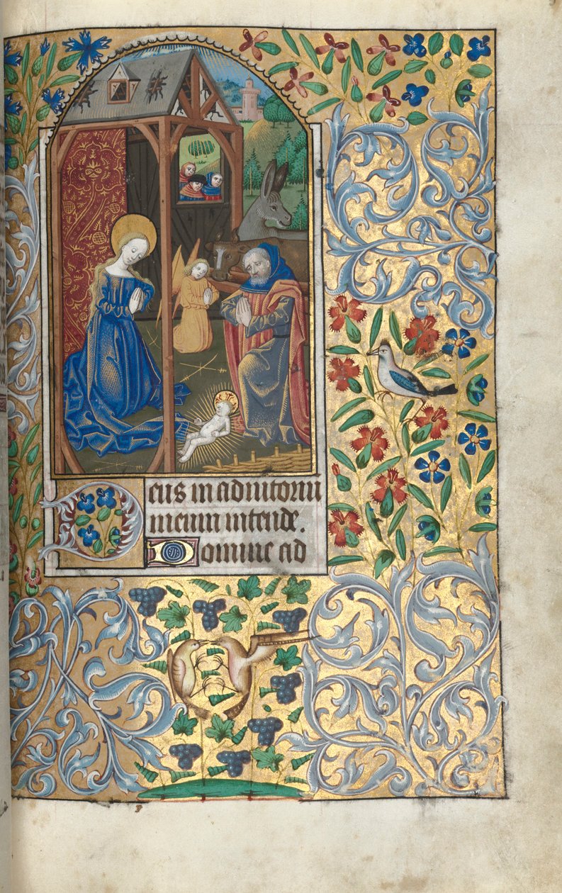 Księga Godzin (użytek z Rouen): fol. 56r, Adoracja z pasterzami/Narodzenie Pańskie autorstwa Master of the Geneva Latini