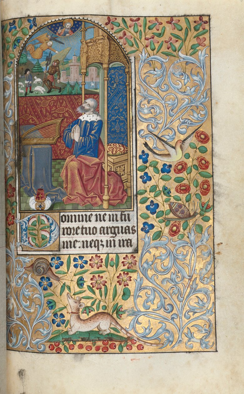 Księga Godzin (użytek z Rouen): fol. 80r, Psalmy pokutne na początku, Dawid pokutujący, w oddali Dawid zabijający Goliata autorstwa Master of the Geneva Latini