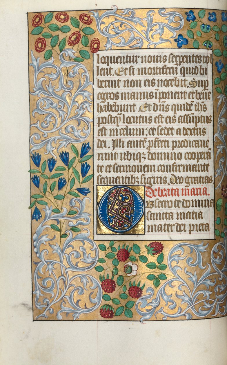 Księga godzin Korzystanie z Rouen: fol. 18v, Duży inicjał O z rozbudowaną ramką, c. 1470. autorstwa Master of the Geneva Latini
