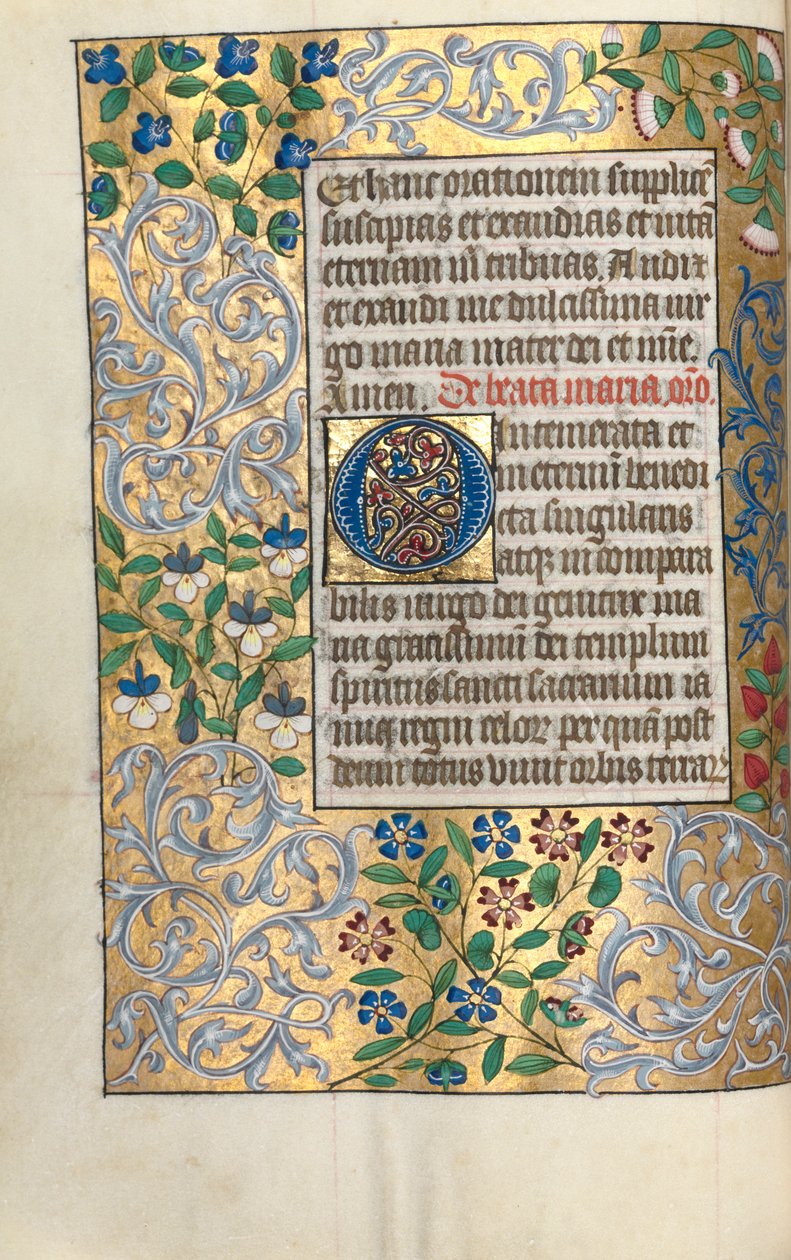 Księga godzin Korzystanie z Rouen: fol. 22v, Duży inicjał O z rozbudowaną ramką, c. 1470. autorstwa Master of the Geneva Latini