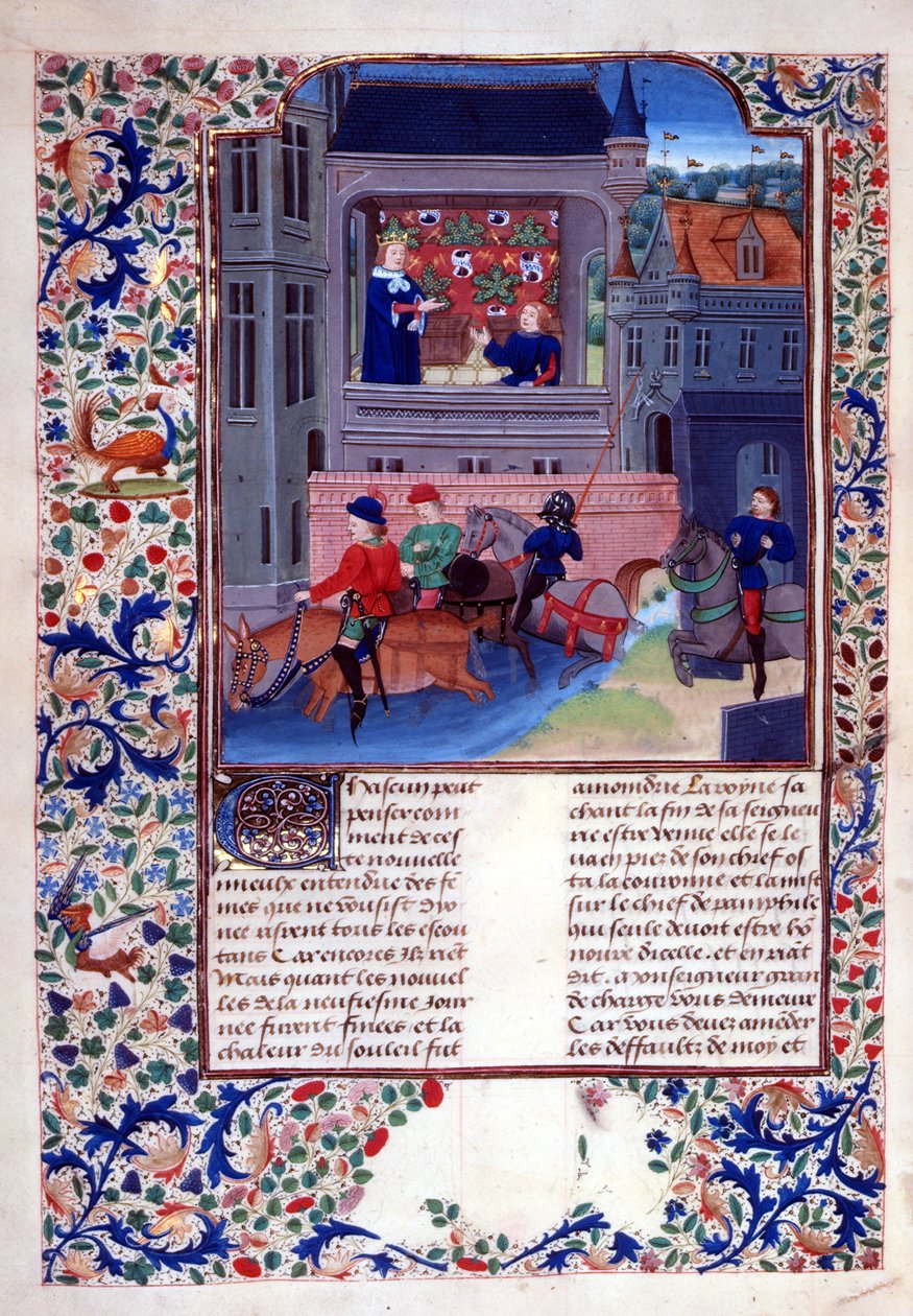 Add.35323 fol.156v Ruggiero i jego towarzysze jadą przez rzekę, z rozdziału 1, księgi X "Decameron" c.1475 (welum) autorstwa Master of the Harley Froissart