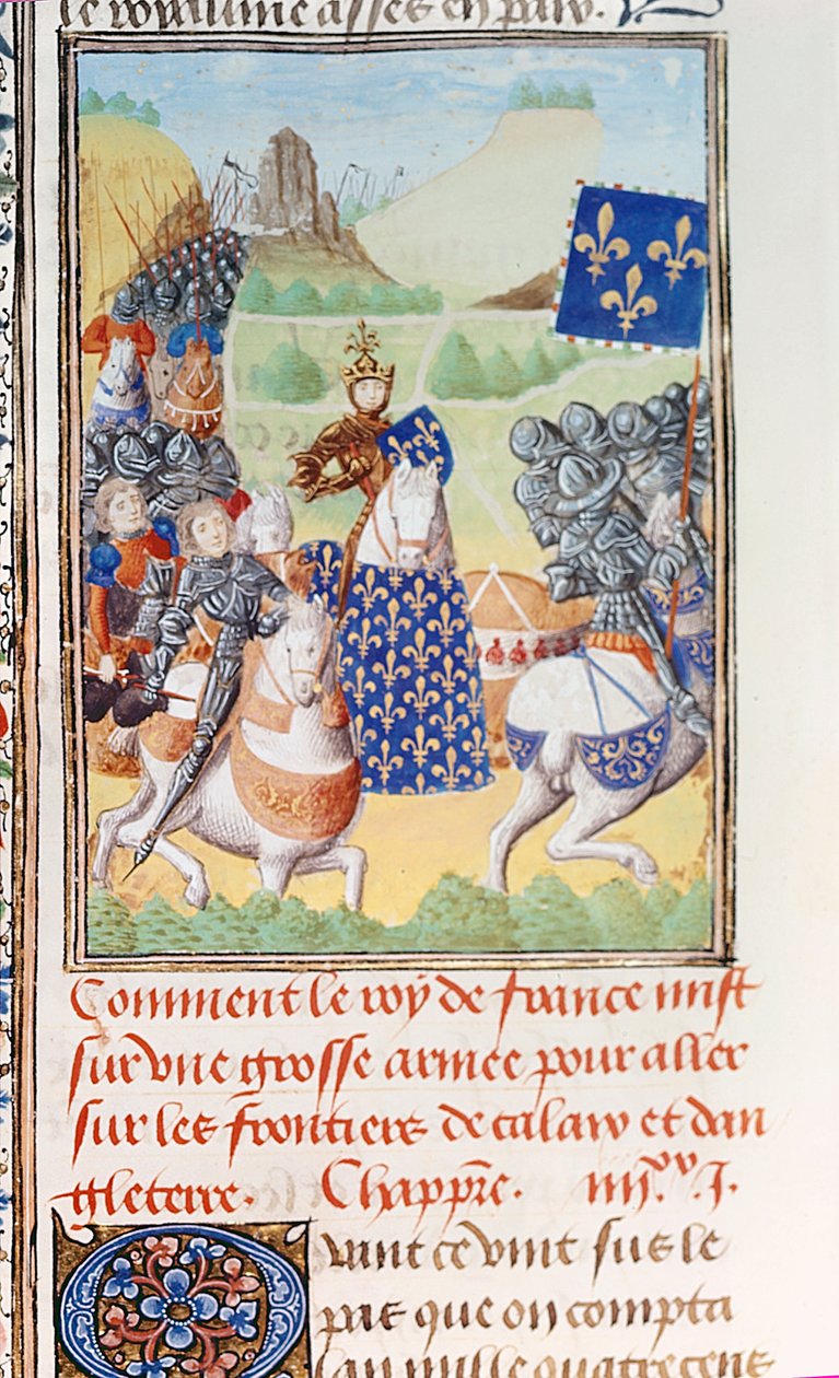 Harley 4380 fol.196v Król Karol VI (1366-1422) z Francji prowadzi ekspedycję przeciwko Calais, z części II tomu IV „Kroniki Froissarta” Jeana Froissarta (ok.1333-1404) (welum) autorstwa Master of the Harley Froissart