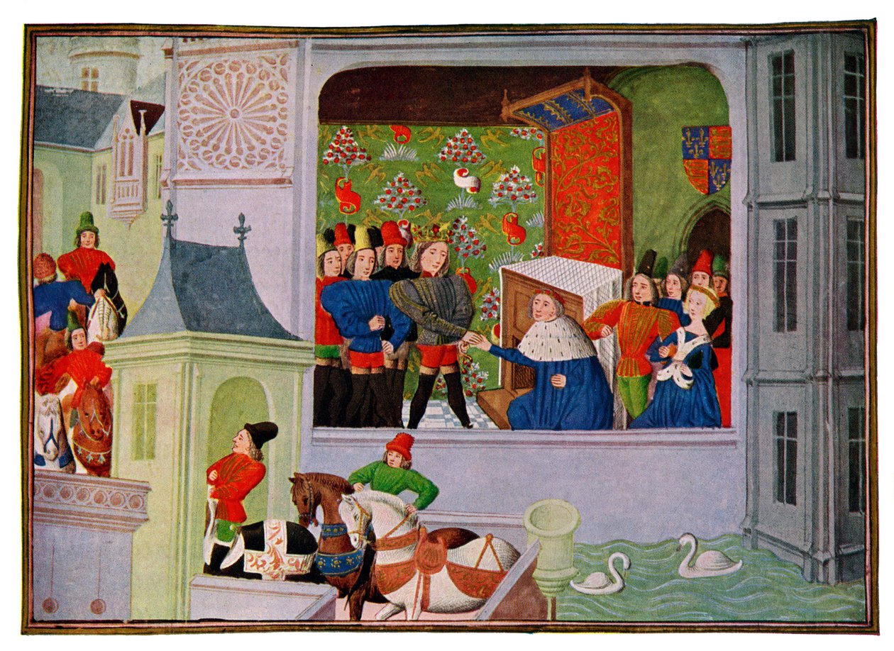 Wywiad z Ryszardem II i księciem Gloucester, XIV wiek XV wiek. autorstwa Master of the Harley Froissart