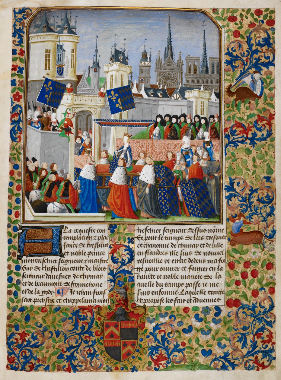 Isabeau z Bawarii, ilustracja z „Harley Froissart”, ok. 1470-72 (atrament i złoto na pergaminie) autorstwa Master of the Harley Froissart