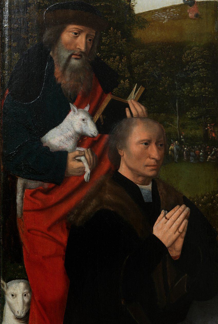 Fragment lewego panelu Matki Boskiej z Dzieciątkiem ze św. Katarzyną i św. Barbarą, ok. 1520-25 (olej na desce) autorstwa Master of the Holy Blood