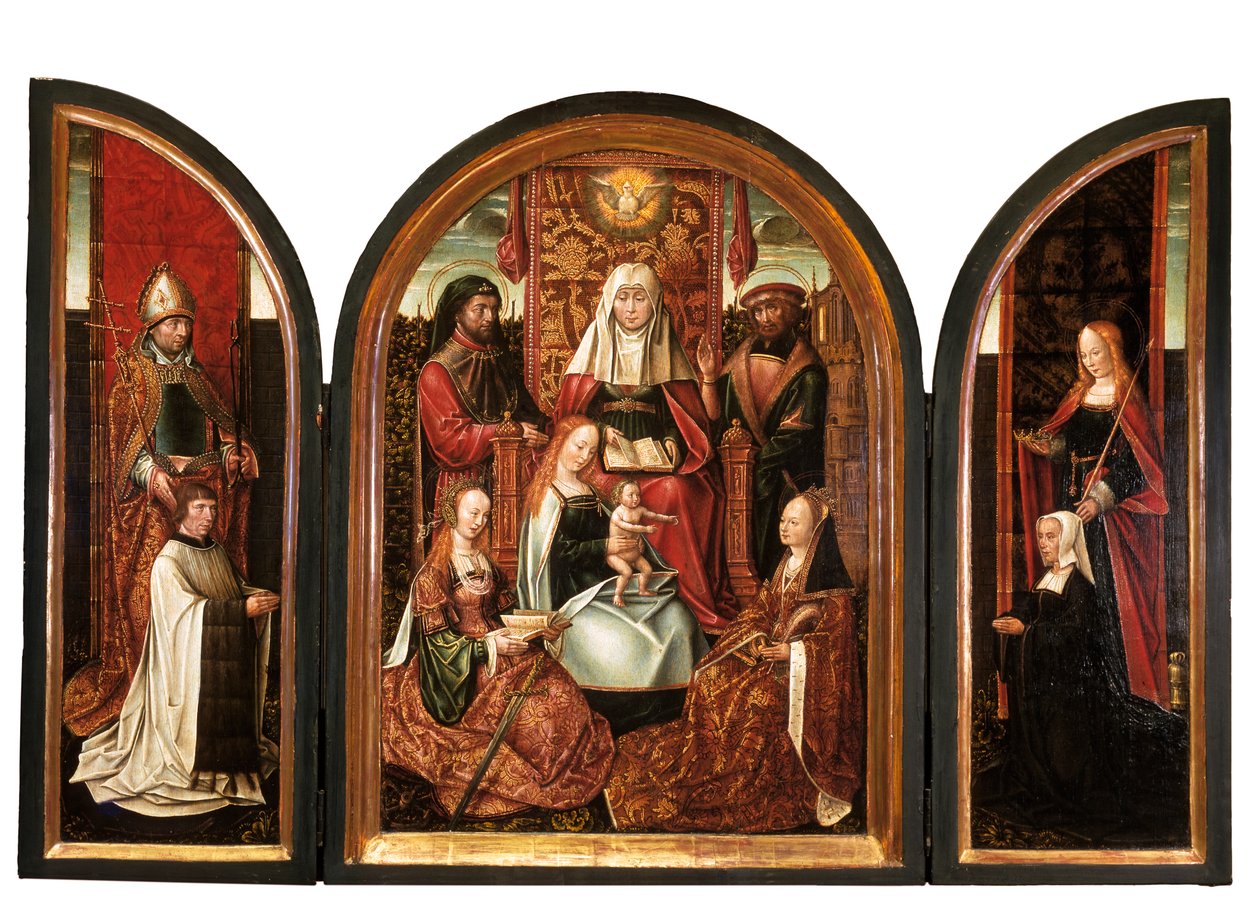 Kanon ze św. Liwinem (lewe skrzydło), Rodzina św. Anny (panel środkowy), Darczyńca ze św. Elżbietą (prawe skrzydło), Zwiastowanie (zamknięte) ok. 1500-10 (olej na desce) autorstwa Master of the Holy Family of St. Anne