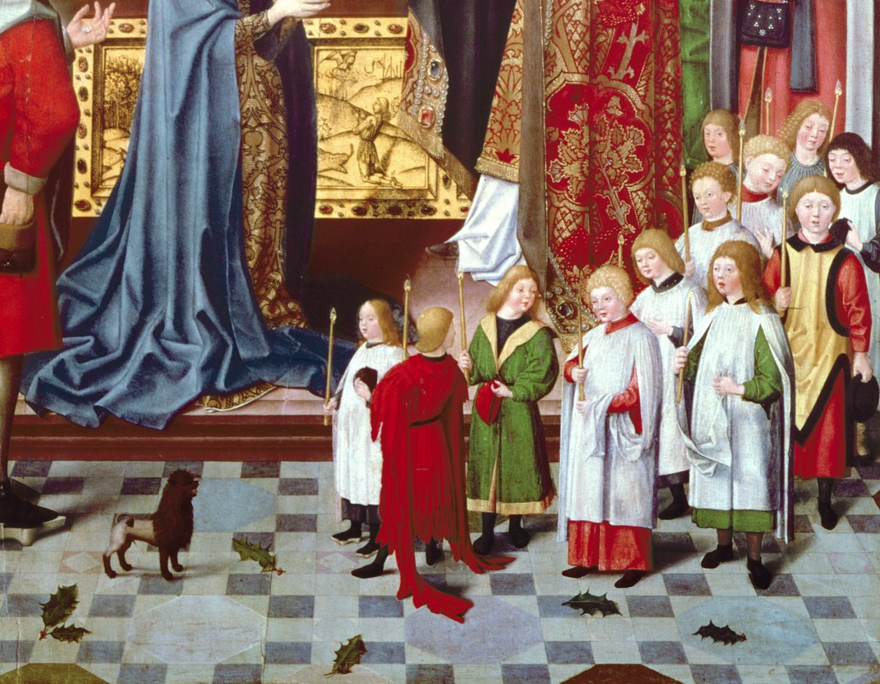 Ołtarz Siedmiu Radości Dziewicy: fragment chóru chłopięcego, ok. 1480 (panel) (detal z 5896) autorstwa Master of the Holy Parent
