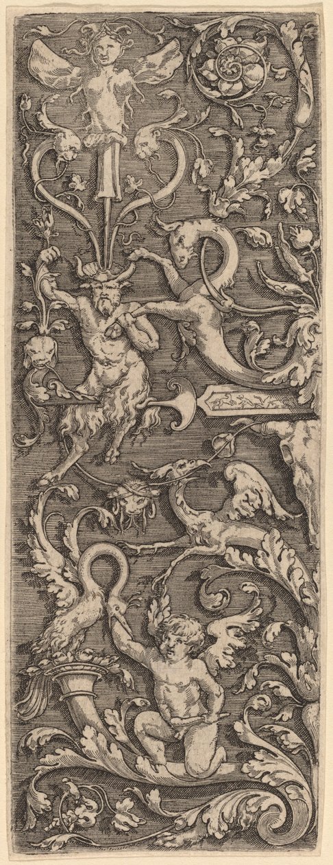 Ornament z Kupidynem, Satyrem i Figurami Groteskowymi autorstwa Master of the Horse Heads