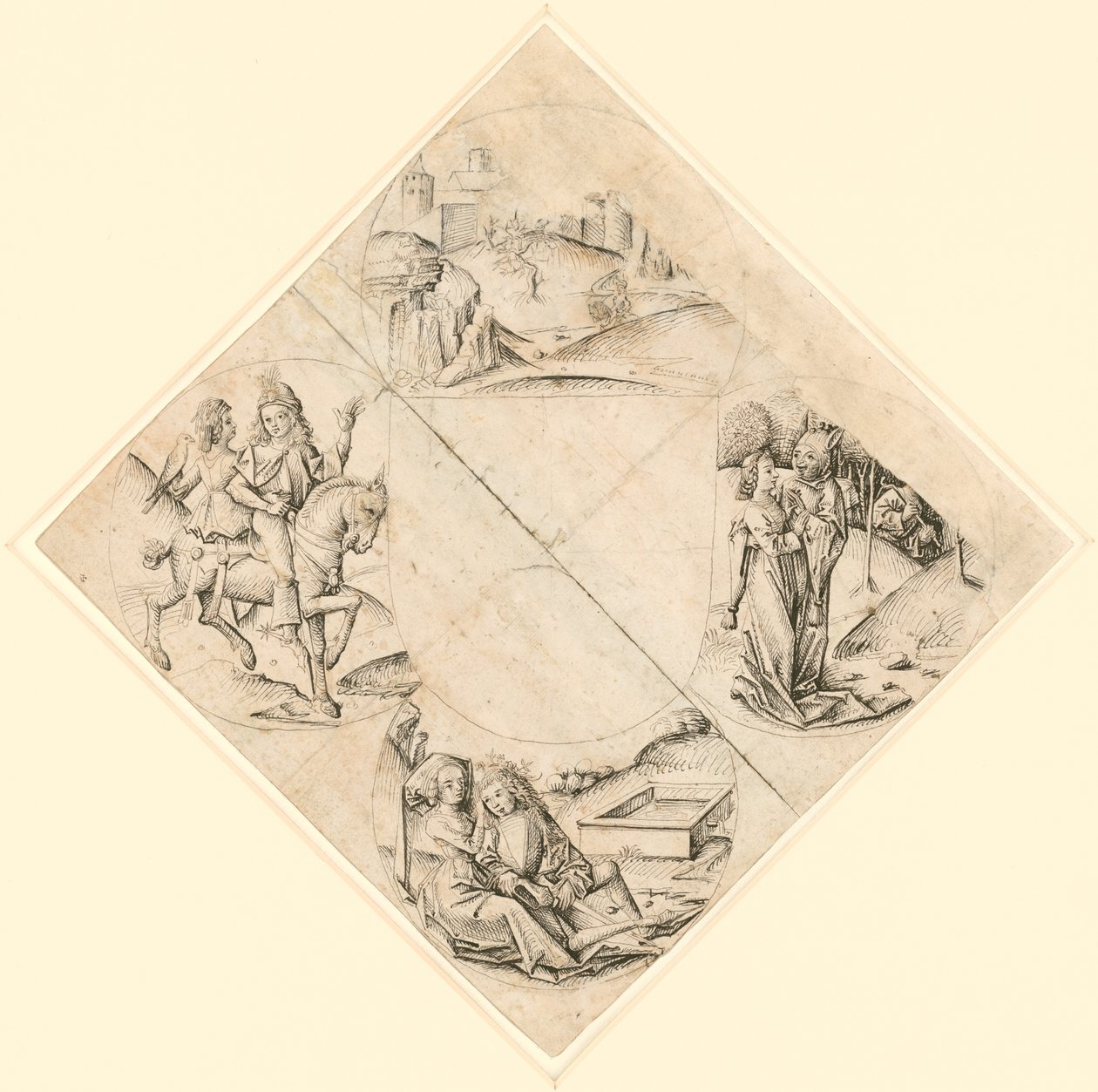 Projekt quatrefoil z zamkiem, dwoma kochankami, panną kuszoną przez głupca, parą siedzącą przy korycie oraz rycerzem i jego kochanką na koniu. autorstwa Master of the Housebook
