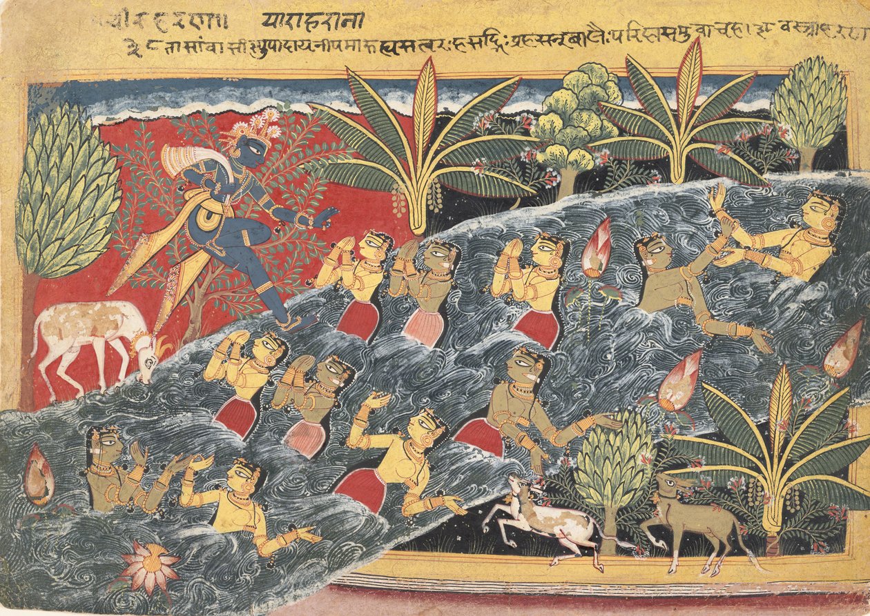 Gopi błagają Krysznę o zwrot ich ubrań..., ca. 1560-65. autorstwa Master of the Isarda