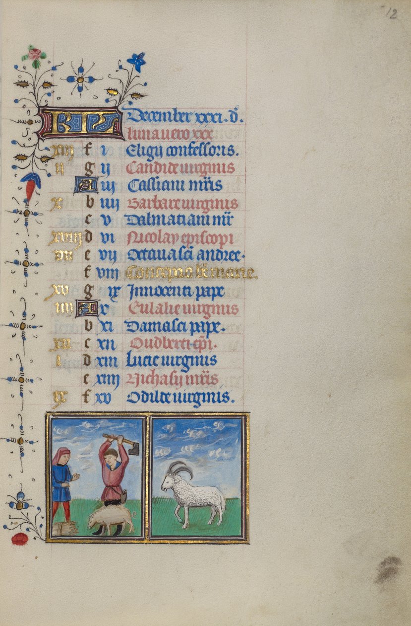 Strona kalendarza na grudzień; Ubój świni; Koziorożec autorstwa Master of the Lee Hours