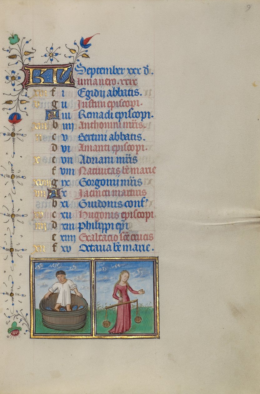Strona kalendarza na wrzesień; Produkcja wina; Waga autorstwa Master of the Lee Hours