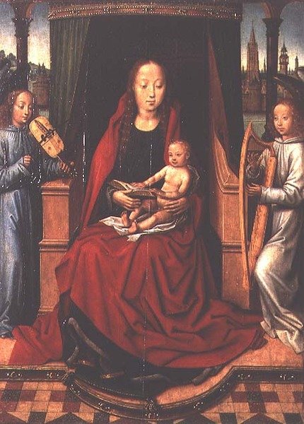 Madonna z Dzieciątkiem i Dwoma Muzycznymi Aniołami autorstwa Master of The Legend of St. Lucy