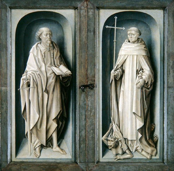 Św. Paweł i św. Benedykt, zamknięte panele Tryptyku Zwiastowania, ok. 1483 r. (olej na desce) autorstwa Master of the Legend of St. Ursula