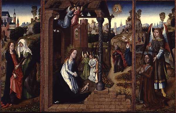 Narodzenia z Nawiedzeniem i Archaniołem Wręczającym Darczyńcę autorstwa Master of the Legend of St. Ursula