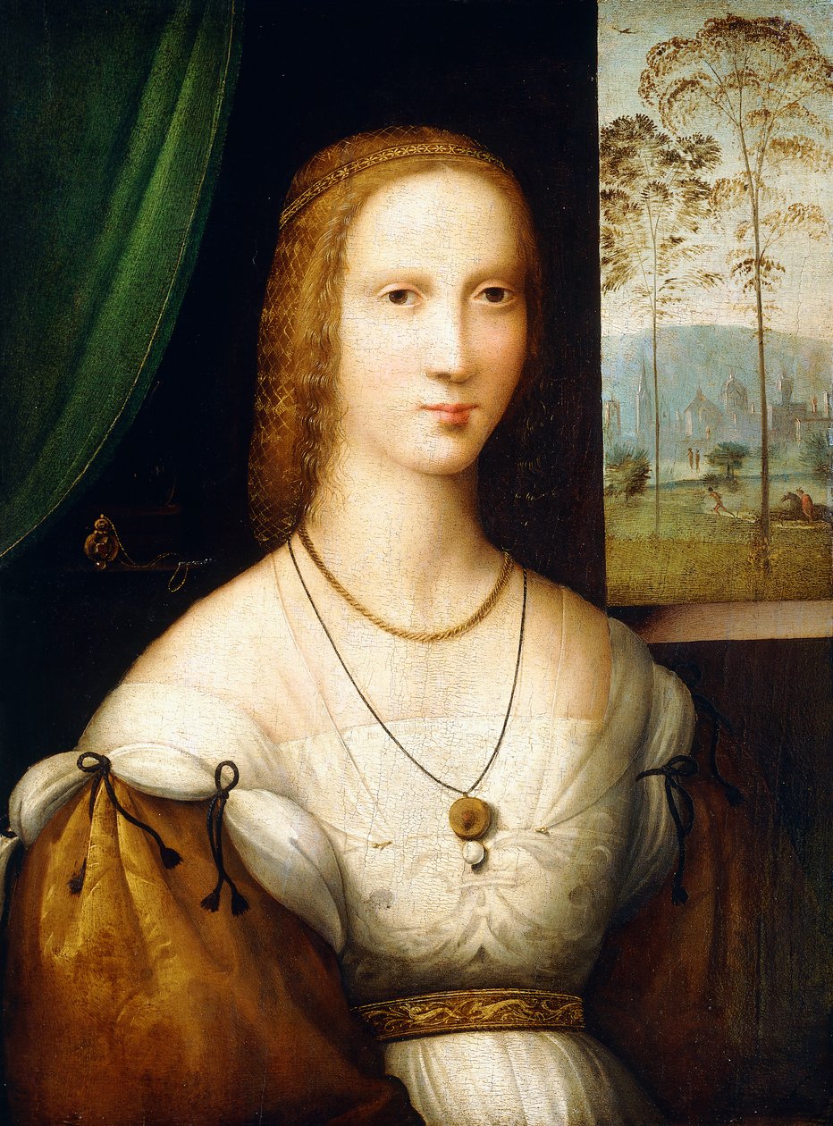 Portret damy, do połowy długości, ubrana w białą sukienkę ze złotymi rękawami autorstwa Master of the Leonardesque Female Portraits