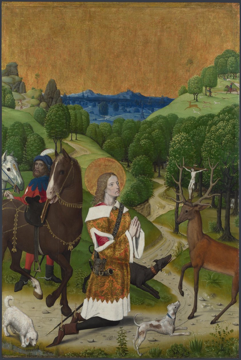 Nawrócenie św. Huberta. Migawka z Ołtarza Werden, ok. 1485 autorstwa Master of the Life of the Virgin