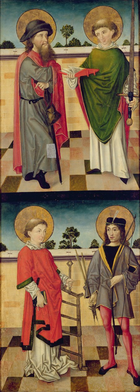 U góry: św. Jakub jako pielgrzym i św. Mateusz trzymający księgę i miecz; Na dole: św. Wawrzyniec trzymający kratkę i św. Sebastian trzymający łuk i strzałę, rewers panelu z przedstawienia ołtarzowego autorstwa Master of the Luneburg Footwashers