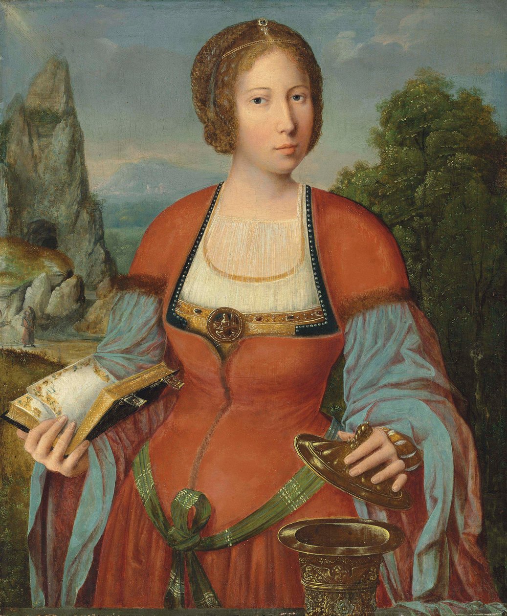 Magdalena trzymająca księgę godzin na tle krajobrazu autorstwa Master of the Mansi Magdalen