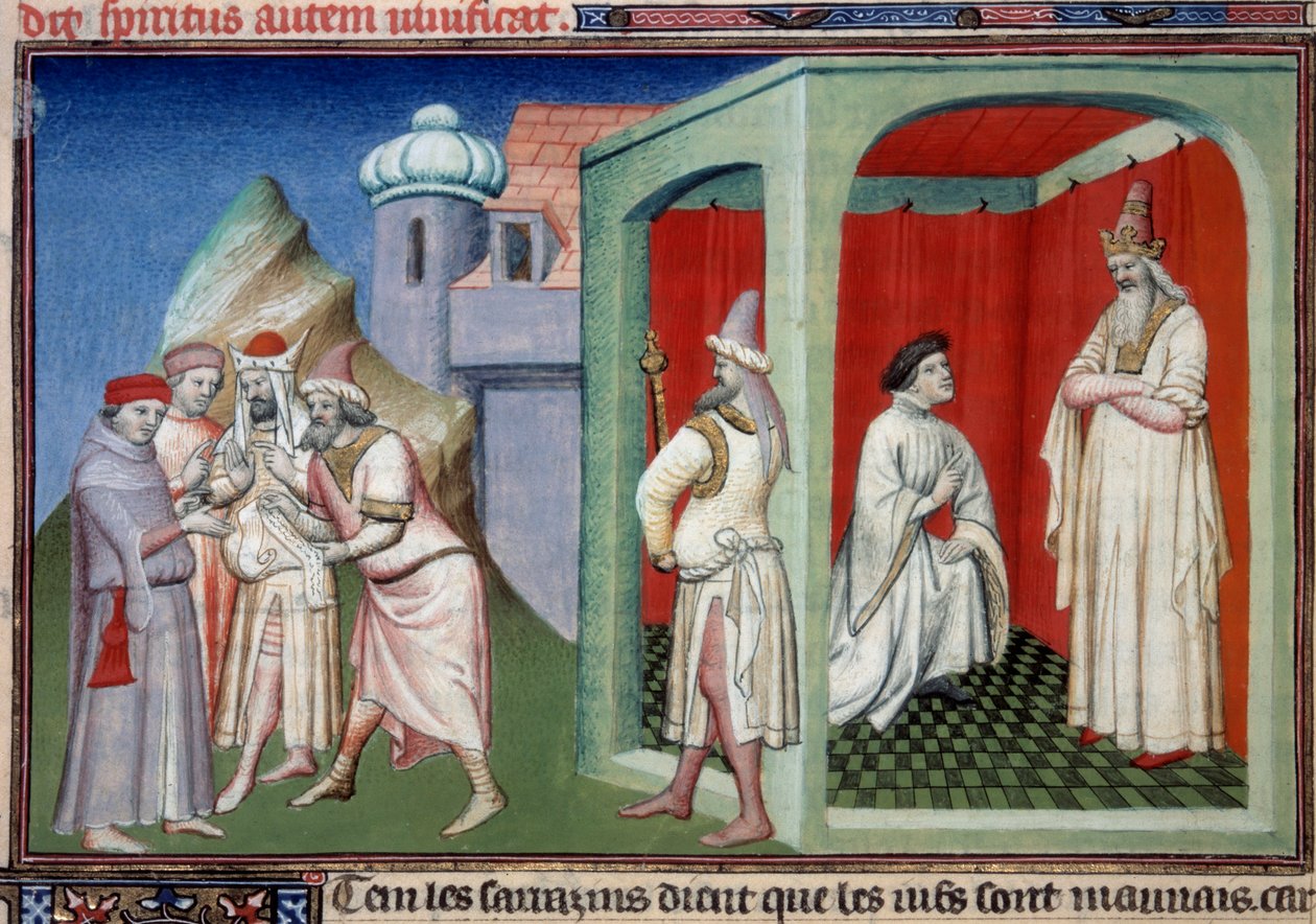 Jana Mandeville i sułtana. Kontrowersje między chrześcijanami i muzułmanami reprezentowanymi przez Jeana de Mandeville, badacza z Liege (1300-1372) i sułtana Saracenów. Miniatura w „Księdze cudów świata”” Ms. 2810 Folio 175v. Rękopis autorstwa Master of the Mazarine