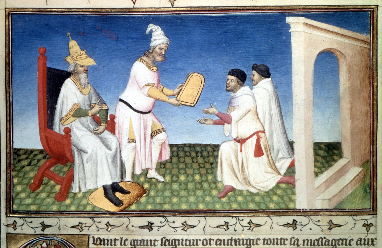 Marco i Mattia Polo otrzymujący darowizny od Kubilay Khana, - Miniatura zaczerpnięta z „Księgi cudów”” („Wymyślanie świata”, „Il Milione”) Marco Polo (1254-1324) (Ms. 2810 , Folio 3v) wygłoszony przez Mistrza Mazarine, ok. 1410-1412 autorstwa Master of the Mazarine