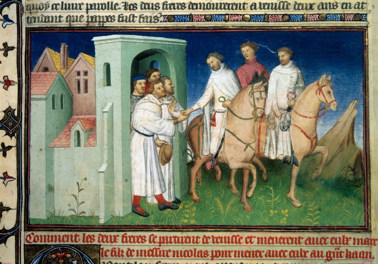Matteo i Niccolo, bracia Polo opuszczający Wenecję. Miniatura zaczerpnięta z „”Księgi cudów””” („”Wymyślenie świata””, „”Il Milione””) Marco Polo (1254-1324) (Ms. 2810, Folio 4) wygłoszona przez Mistrza Mazarine, około 1410-1412. BN, autorstwa Master of the Mazarine