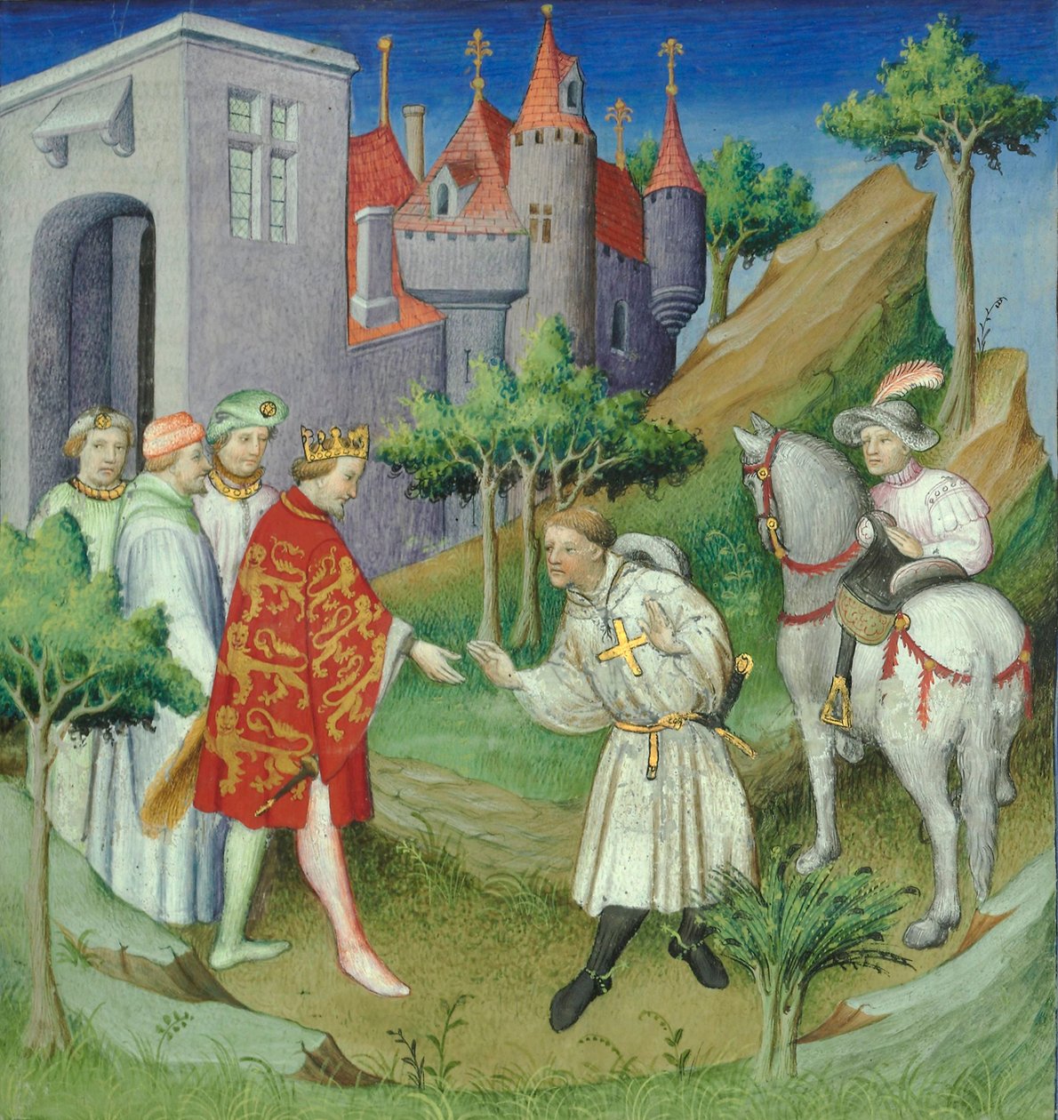 Sir John Mandeville i król Anglii, frontyspis z „Le Livre des Merveilles”, Paryż, ok. 1930 1420 (rękopis) autorstwa Master of the Mazarine