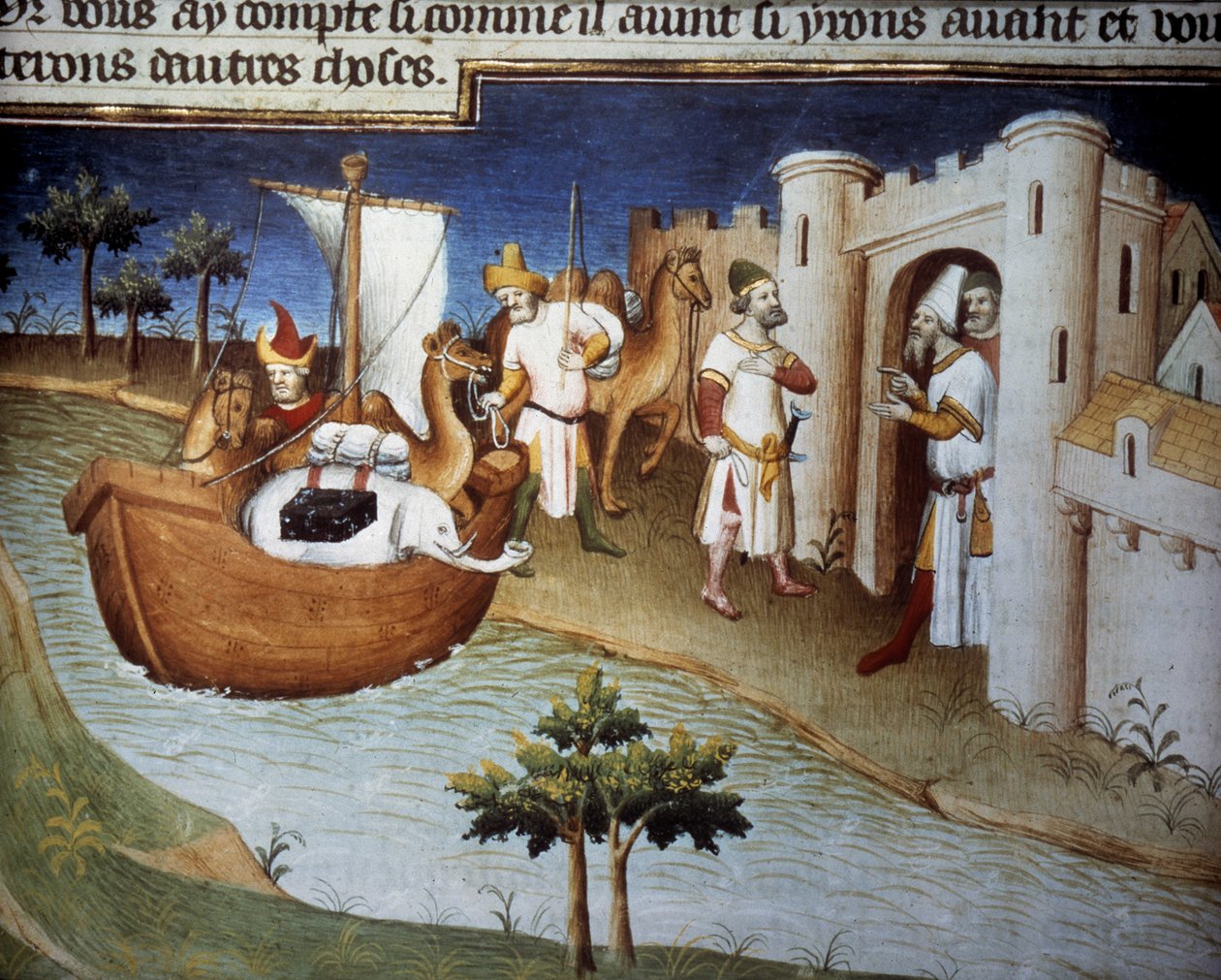 Bracia Polo (w tym Marco Polo) przybywają do Ormuz z Indii na statku towarowym. Miniatura w „Księdze cudów” („Devisement du monde”, „Il Milione”) (Ms. 2810, Folio 14v). Rękopis enlubowany przez Mistrza Mazarine autorstwa Master of the Mazarine
