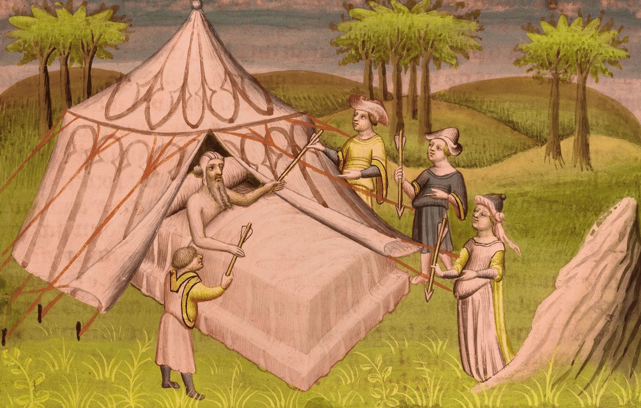 Mongolski przywódca Czyngis-chan na łożu śmierci dający ostatnie zalecenia swoim synom, ok. 1410 (miniaturowy) autorstwa Master of the Mazarine