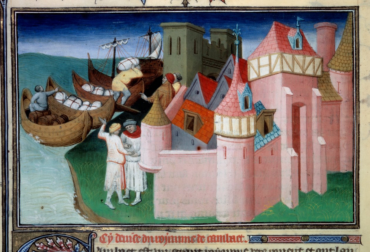 Rozładunek piłek w mieście Khambhat w Indiach. Miniatura w „Księdze cudów” („Devisement du monde”, „Il Milione”) Ms2810, Folio 86v. Rękopis enlubowany przez Mistrza Mazarine i napisany przez Marco Polo (1254-1324), ca. 1410-1412. BN, Par autorstwa Master of the Mazarine